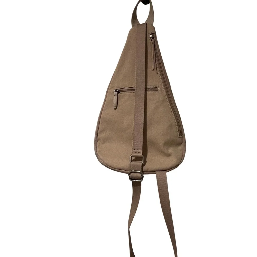 The Sak Leather Suede Sling Backpack Taupe Slouchy Zip Crossbody Bag